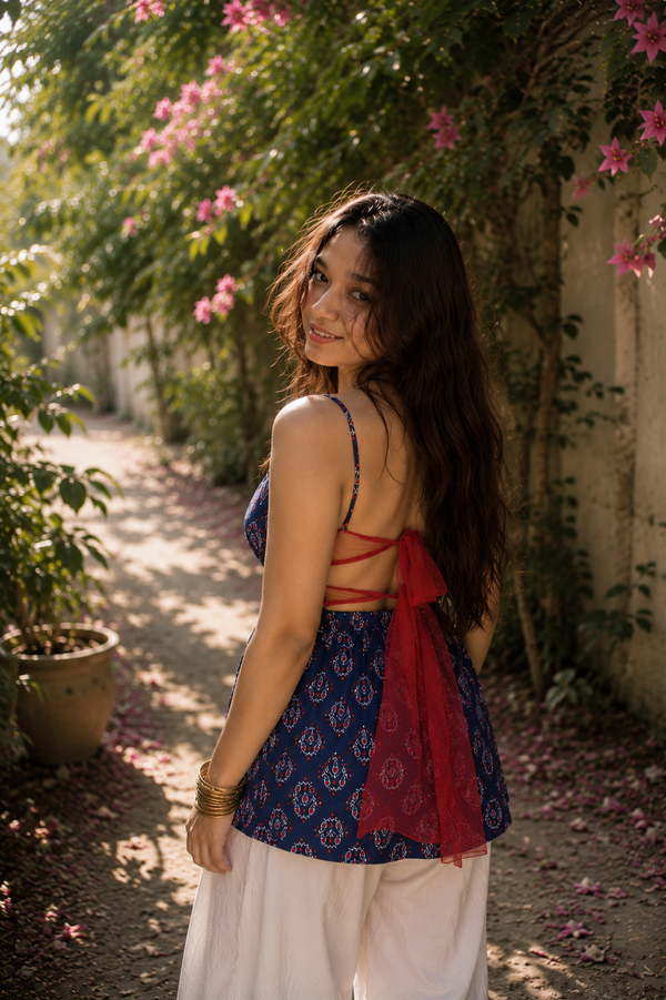 Komal Backless Ikat Net Kurti