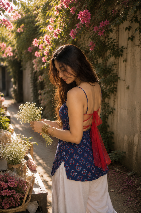 Komal Backless Ikat Net Kurti
