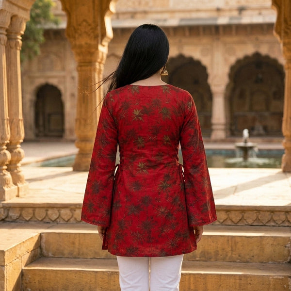 Tamara Red Palm Tree Bell Sleeve Kurti