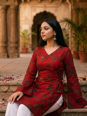 Tamara Red Palm Tree Bell Sleeve Kurti