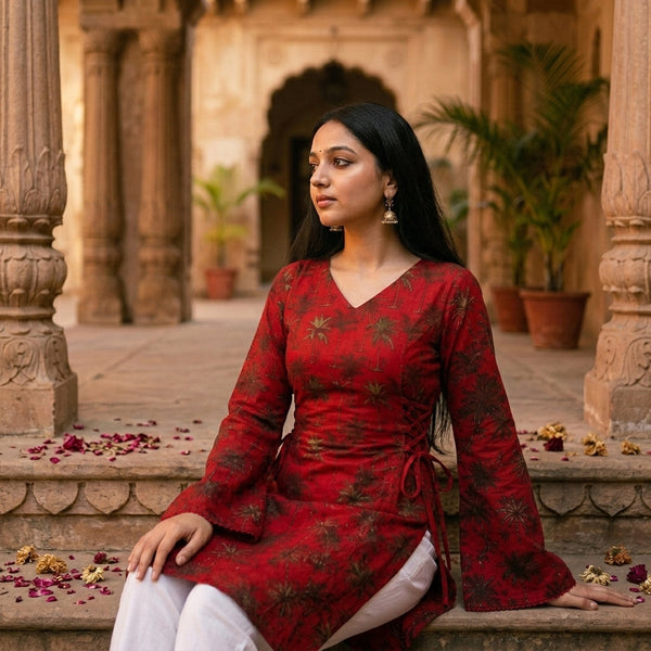 Tamara Red Palm Tree Bell Sleeve Kurti